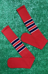 Baseball Full Length Red Sock with Three Navy Blue Stripes with White Trim