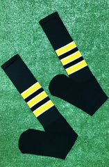 Baseball Full Length Black Sock with Three Gold Stripes with White Trim