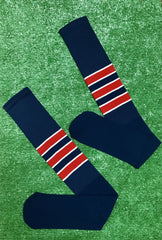 Baseball Full Length Navy Blue Sock with Three Red Stripes with White Trim