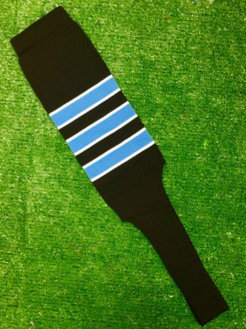 Baseball Stirrups 6" or 8" Black with Columbia Blue Stripes Trimmed with White