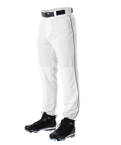 Alleson 605PLP 605PLPY White With Dark Green Braid Baseball Pants with Elastic Bottom