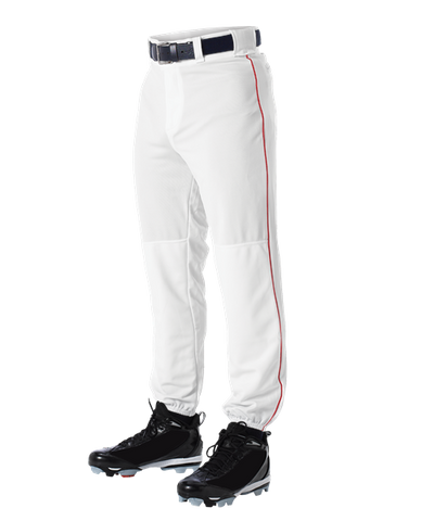 Alleson 605PLP 605PLPY White With Scarlet Braid Baseball Pants with Elastic Bottom